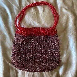 Handmade Beaded Hollow Crystal Beads Woven Bucket Style Red Bag Purse, D04